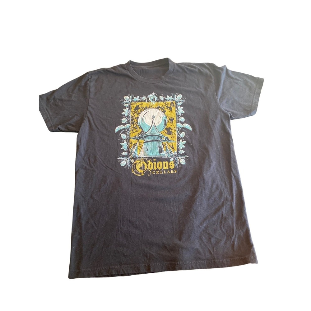 Odious Cellars‎ Graphic Black T-Shirt With Gold & Teal Design Unisex L